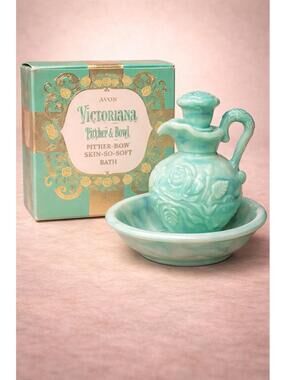 Avon 1970s Victoriana Pitcher & Bowl Skin So Soft Bath Oil Decanter With Box, 6”